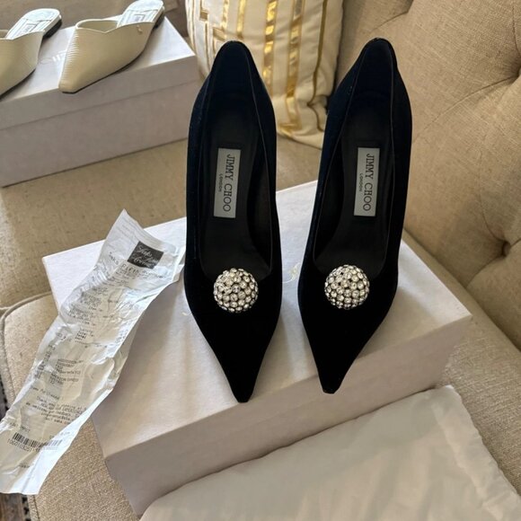 jimmy choo orb pump 95 size 37 black velvet with crystal orb - Picture 1 of 10